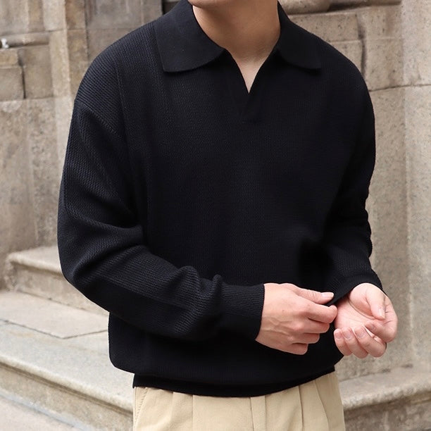 Men’s Knit Pullover Top – Relaxed Fit – Ribbed Cotton Blend – Buttonless Collar – Long Sleeve