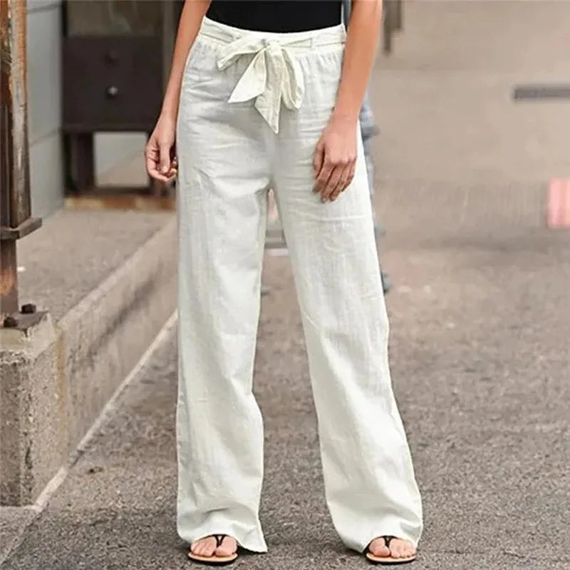 Women’s Wide Leg Trousers – Cotton Linen Blend – High Waist – Pleated Front – Waist Tie