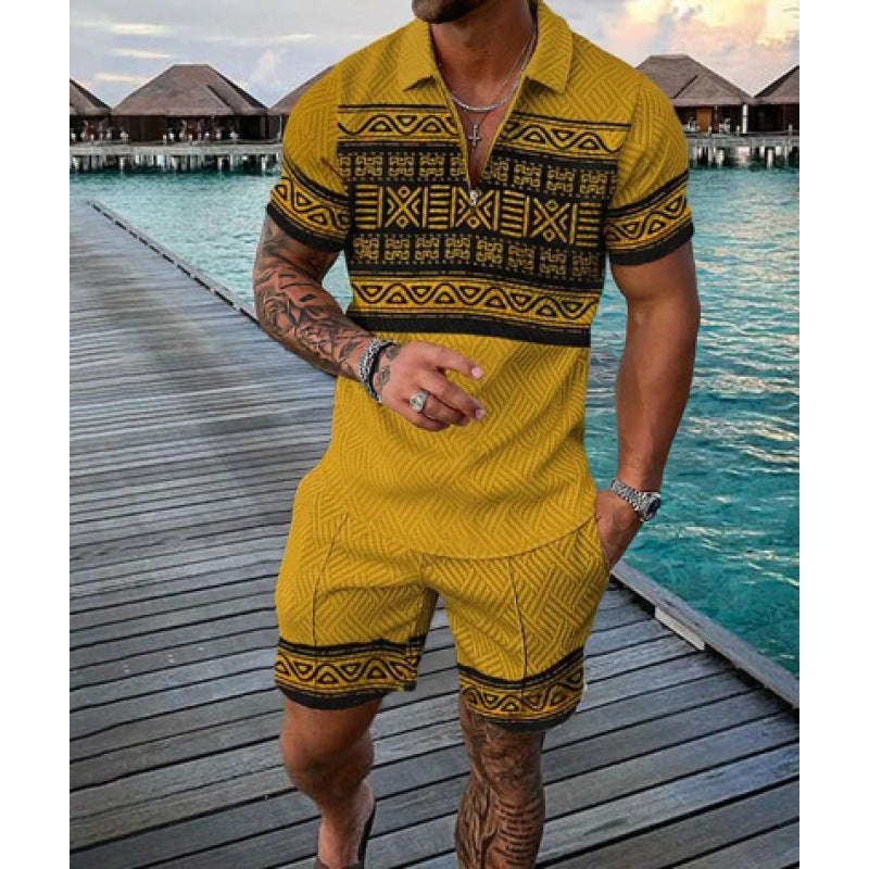 Men’s Two-Piece Set - Textured Short-Sleeve Zip Polo & Matching Shorts - Casual Wear