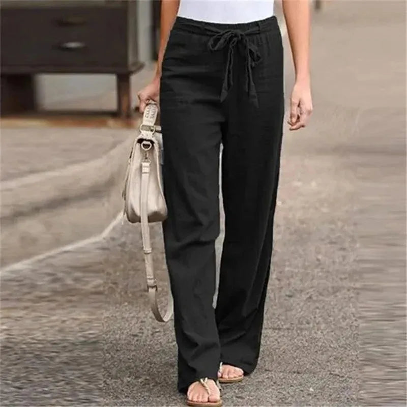 Women’s Wide Leg Trousers – Cotton Linen Blend – High Waist – Pleated Front – Waist Tie