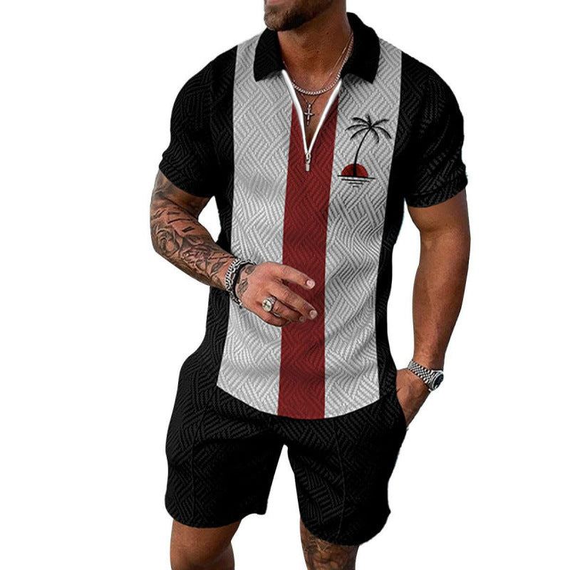 Men’s Two-Piece Set - Textured Short-Sleeve Zip Polo & Matching Shorts - Casual Wear