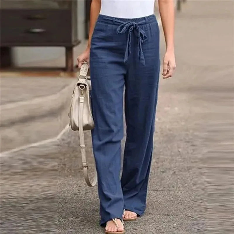 Women’s Wide Leg Trousers – Cotton Linen Blend – High Waist – Pleated Front – Waist Tie