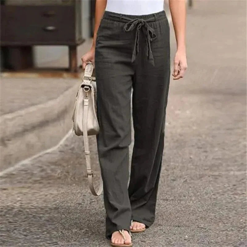 Women’s Wide Leg Trousers – Cotton Linen Blend – High Waist – Pleated Front – Waist Tie