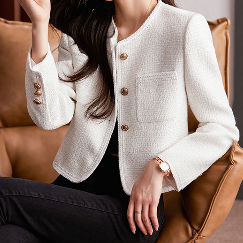 Women’s Tweed Blazer – Structured Fit – Cropped Length – Button Front – Round Neckline