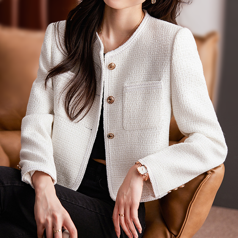 Women’s Tweed Blazer – Structured Fit – Cropped Length – Button Front – Round Neckline