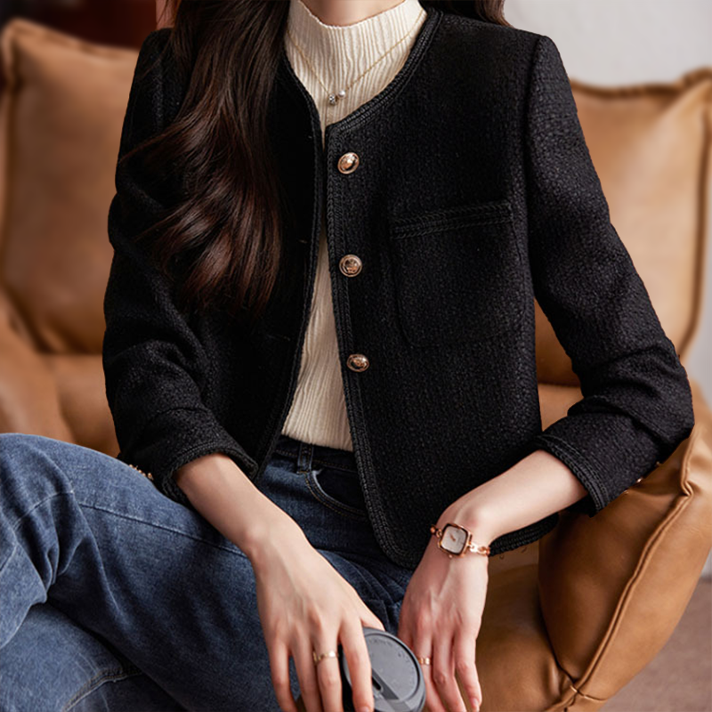 Women’s Tweed Blazer – Structured Fit – Cropped Length – Button Front – Round Neckline