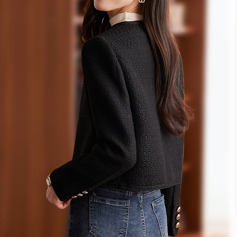 Women’s Tweed Blazer – Structured Fit – Cropped Length – Button Front – Round Neckline