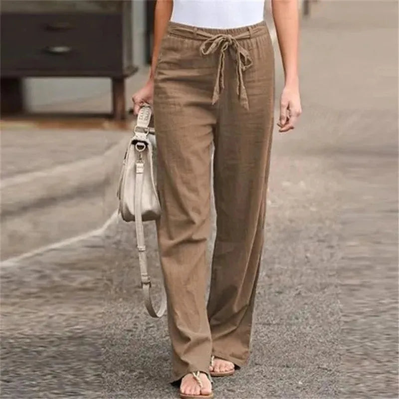Women’s Wide Leg Trousers – Cotton Linen Blend – High Waist – Pleated Front – Waist Tie
