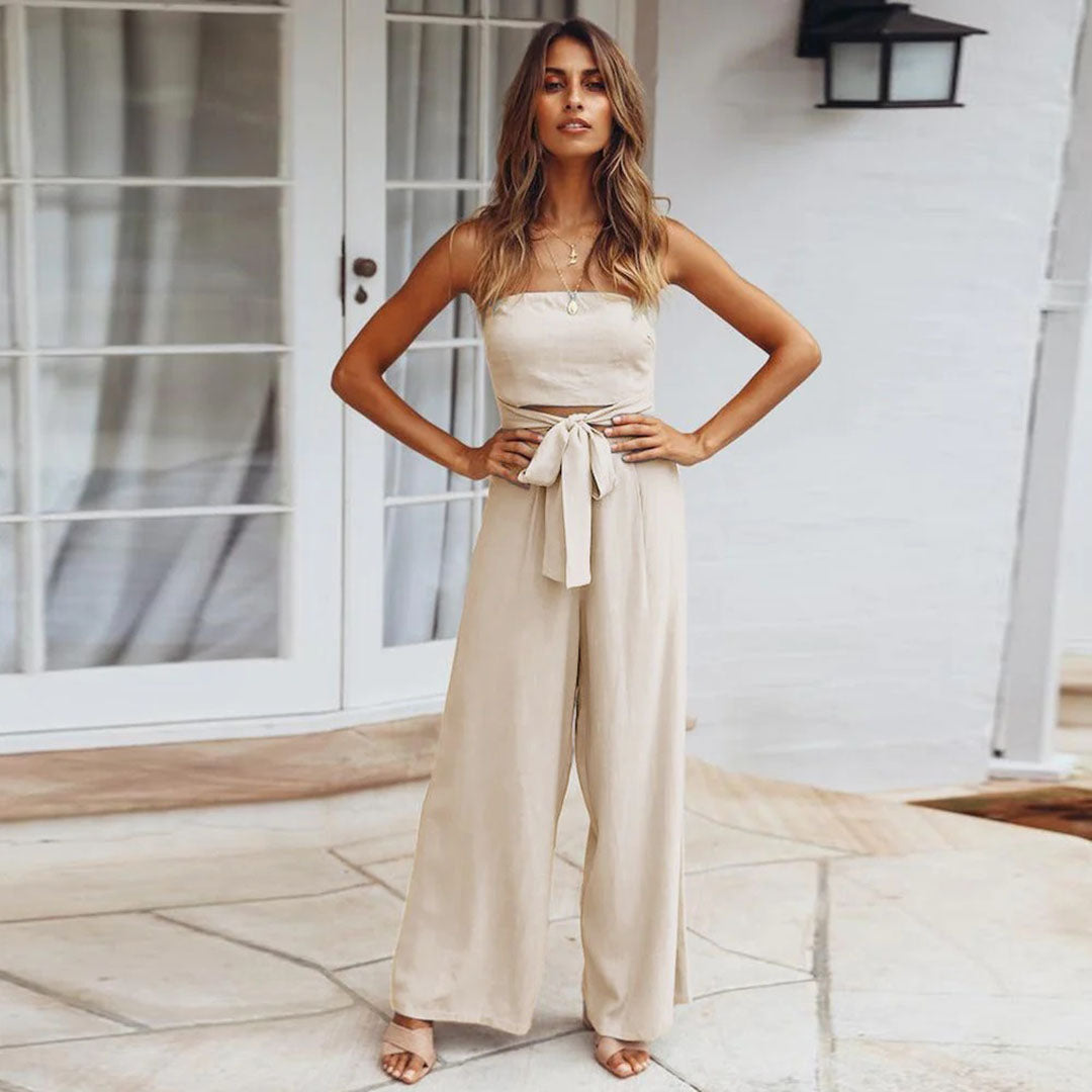 Women's Strapless Jumpsuit - Wide Leg - Tie Waist - Lightweight Flowy Fabric