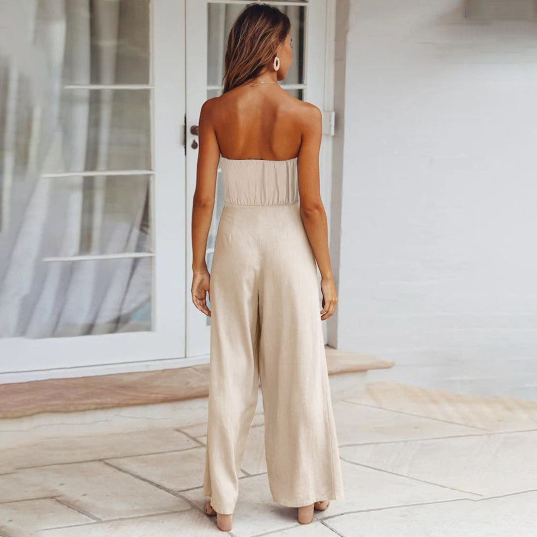 Women's Strapless Jumpsuit - Wide Leg - Tie Waist - Lightweight Flowy Fabric