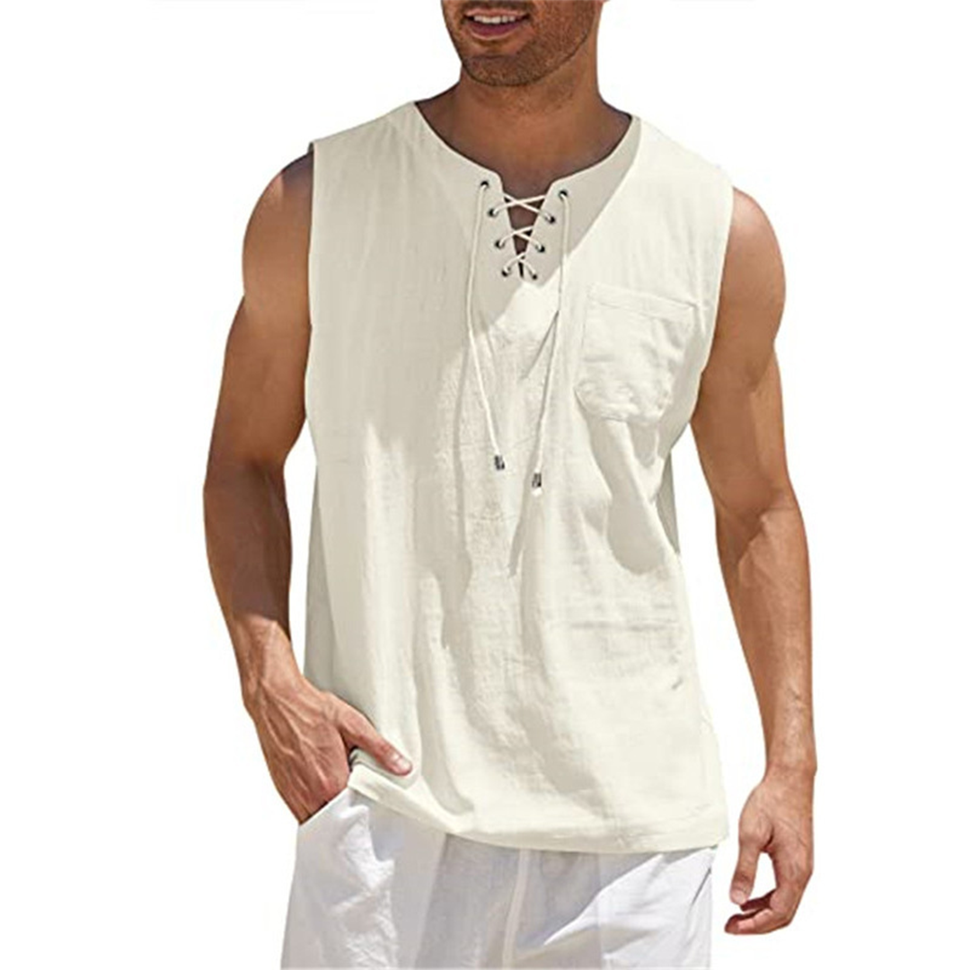 Men’s Sleeveless Shirt – Relaxed Fit – Breathable Blend – Lace-Up Front – Casual Wear