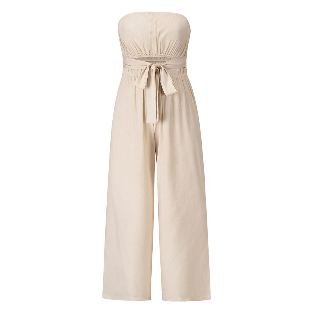 Women's Strapless Jumpsuit - Wide Leg - Tie Waist - Lightweight Flowy Fabric