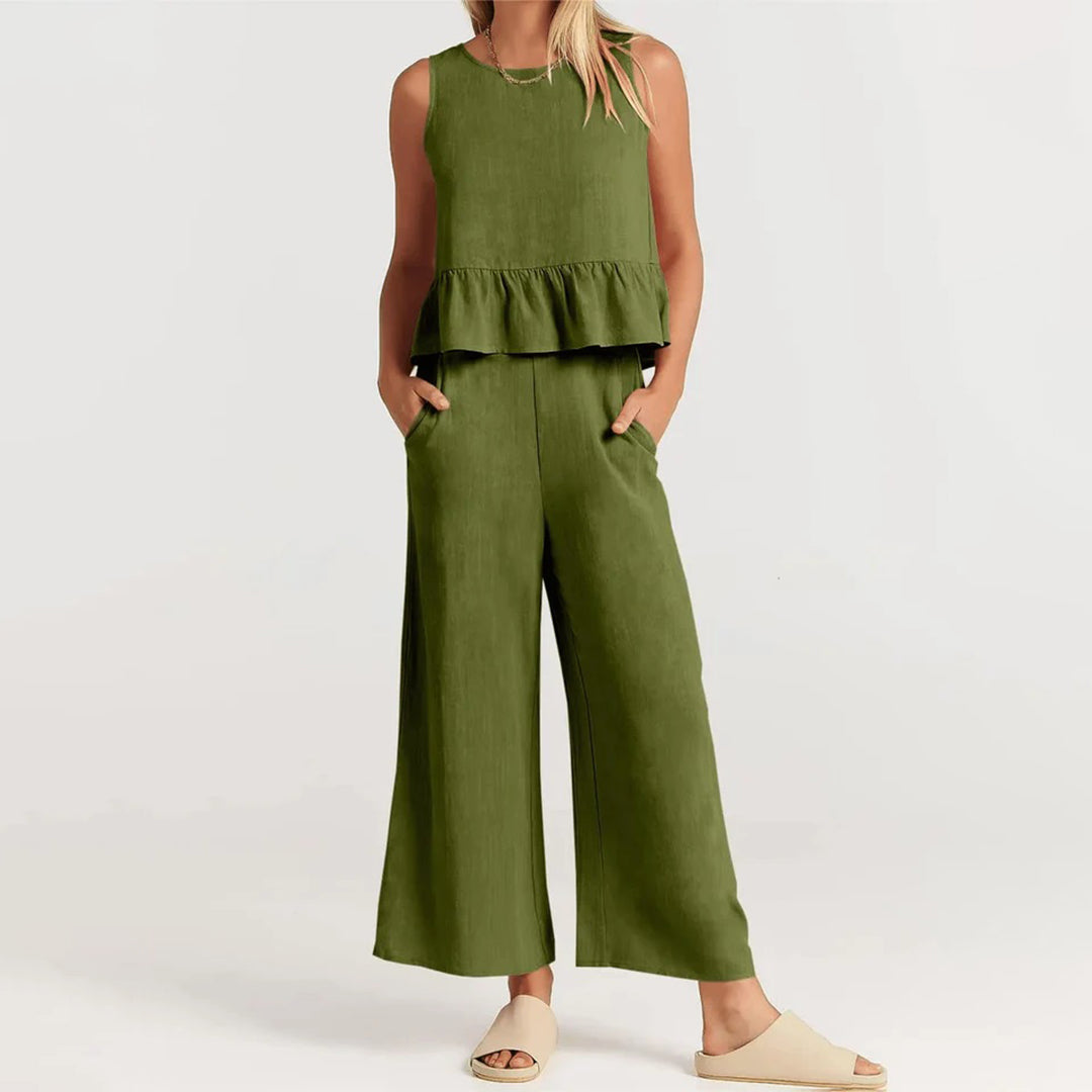 Women's Sleeveless Jumpsuit - Peplum Waist - Wide-Leg Cropped Fit - Lightweight & Breathable