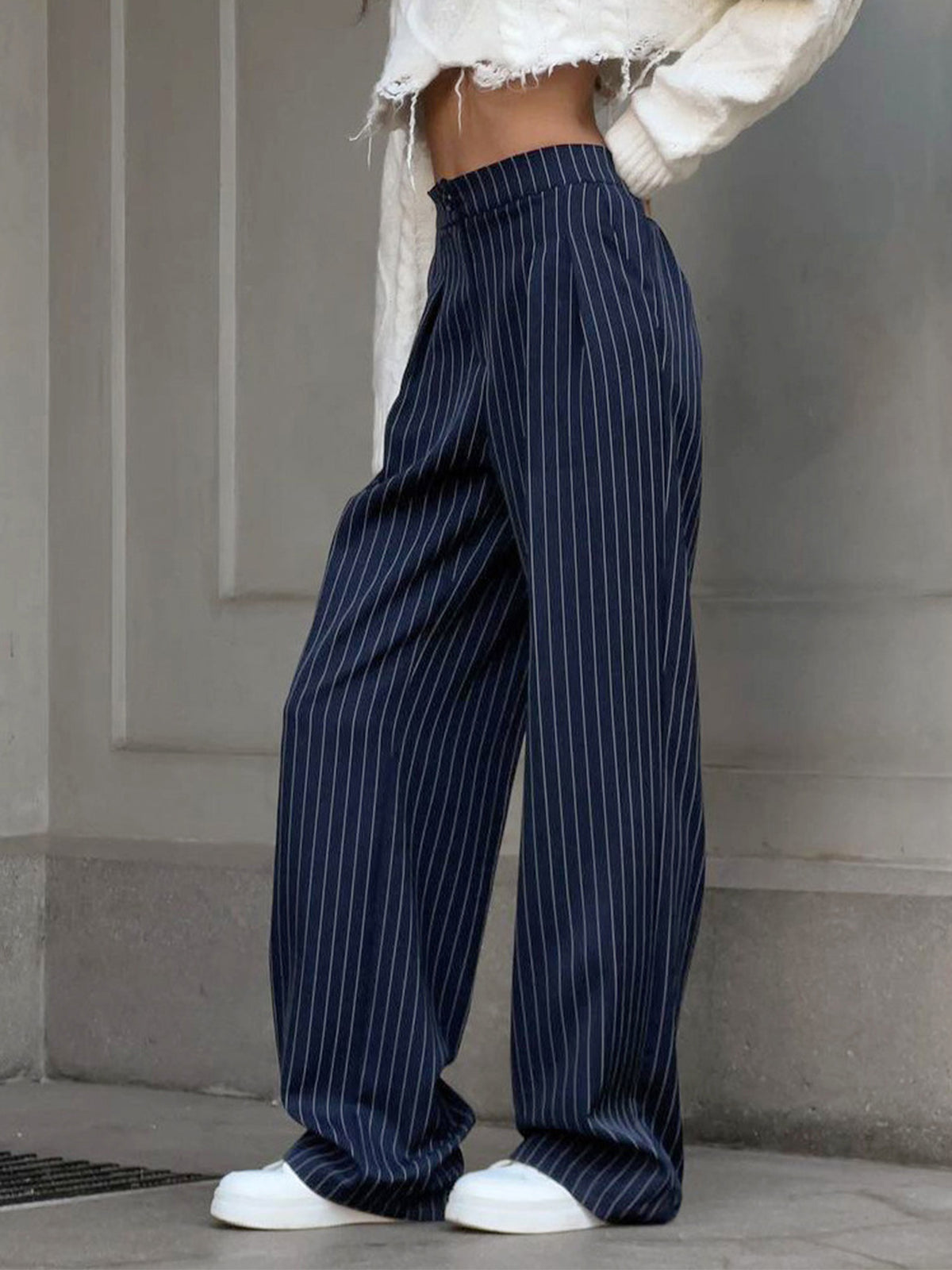 Women's Wide-Leg Trousers - High Waist - Tailored Fit - Pinstripe Classic Style