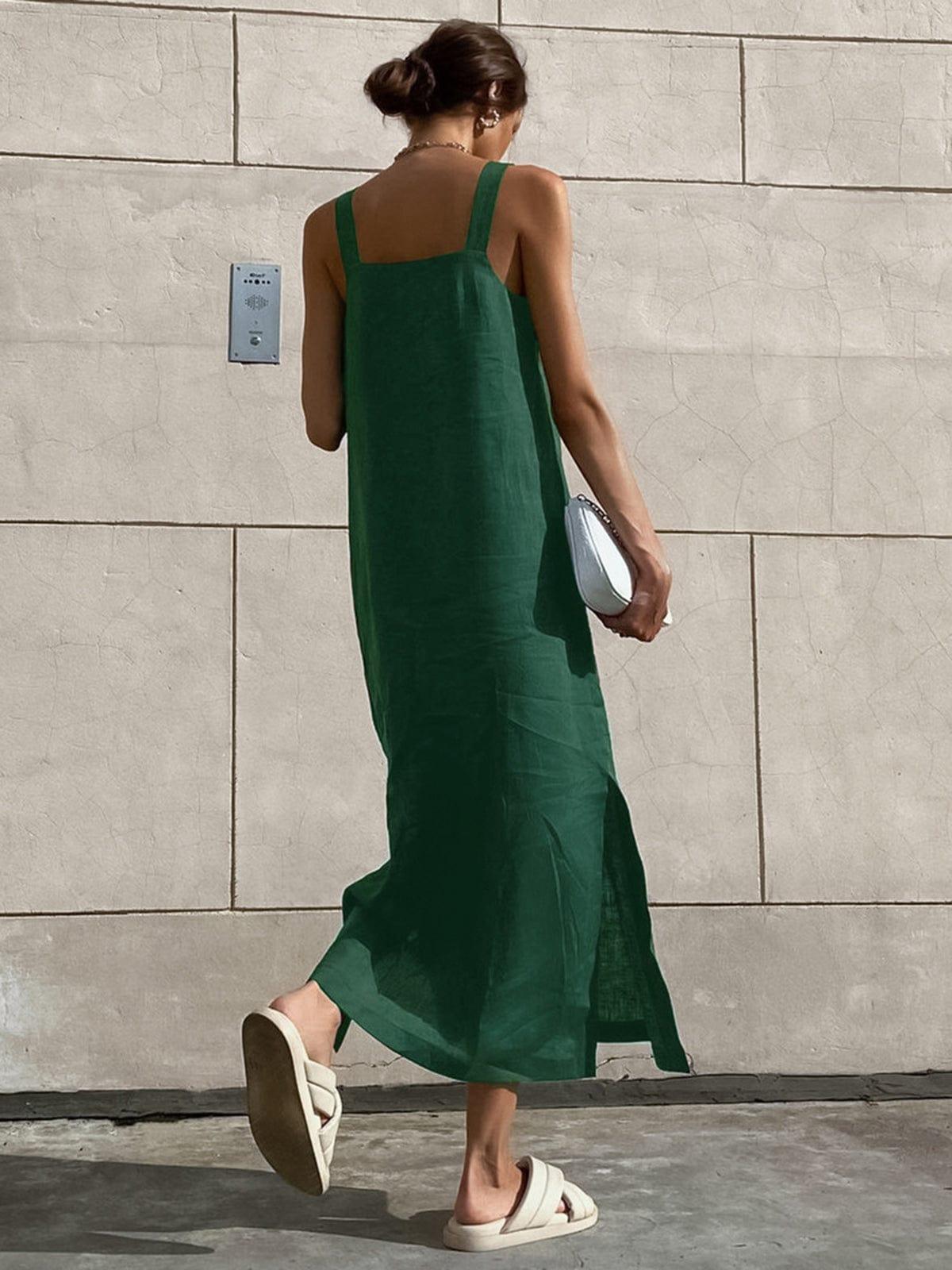 Women’s Maxi Dress – Sleeveless – Square Neckline – Relaxed Fit – Side Slit Casual Style