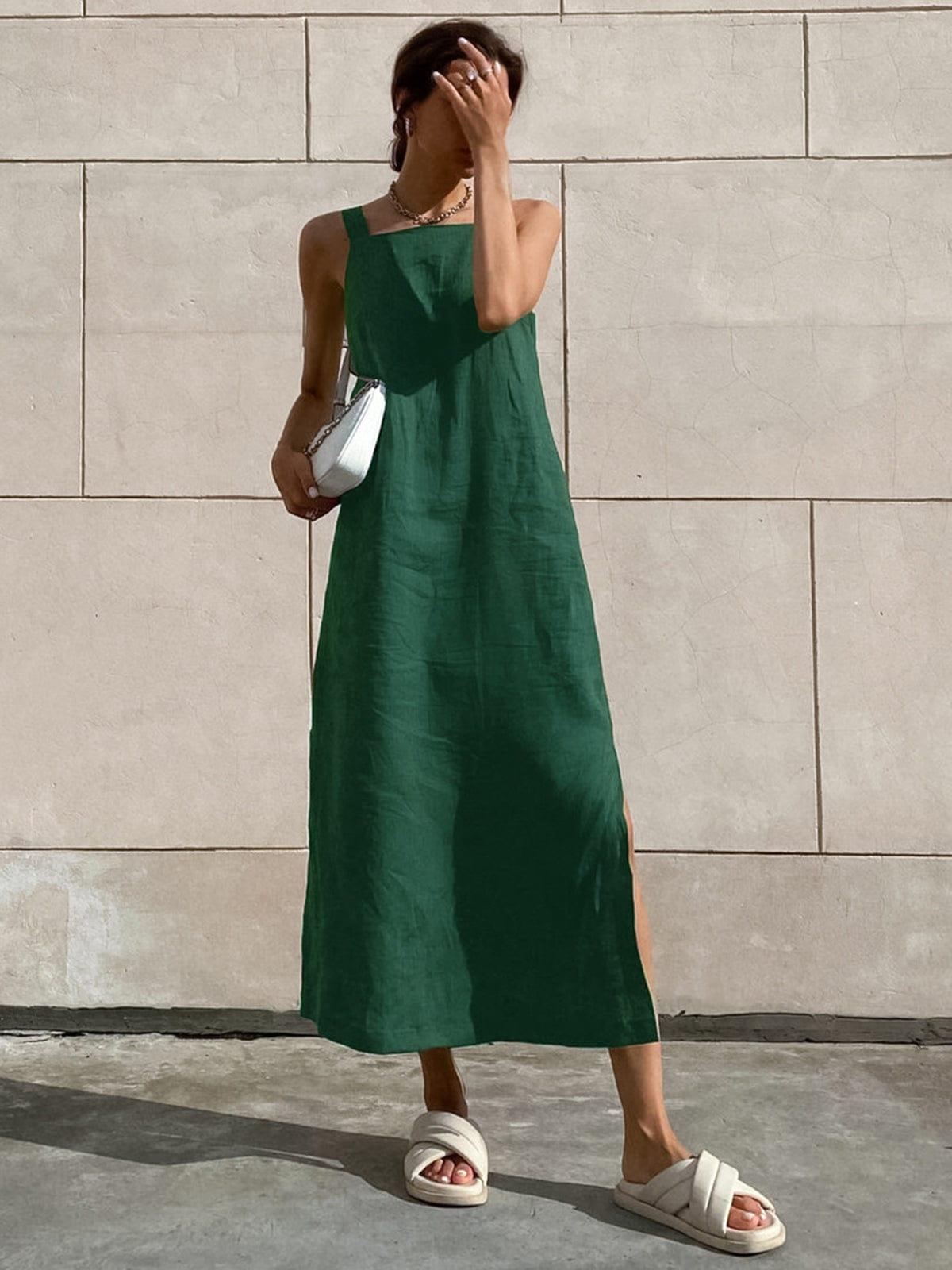 Women’s Maxi Dress – Sleeveless – Square Neckline – Relaxed Fit – Side Slit Casual Style