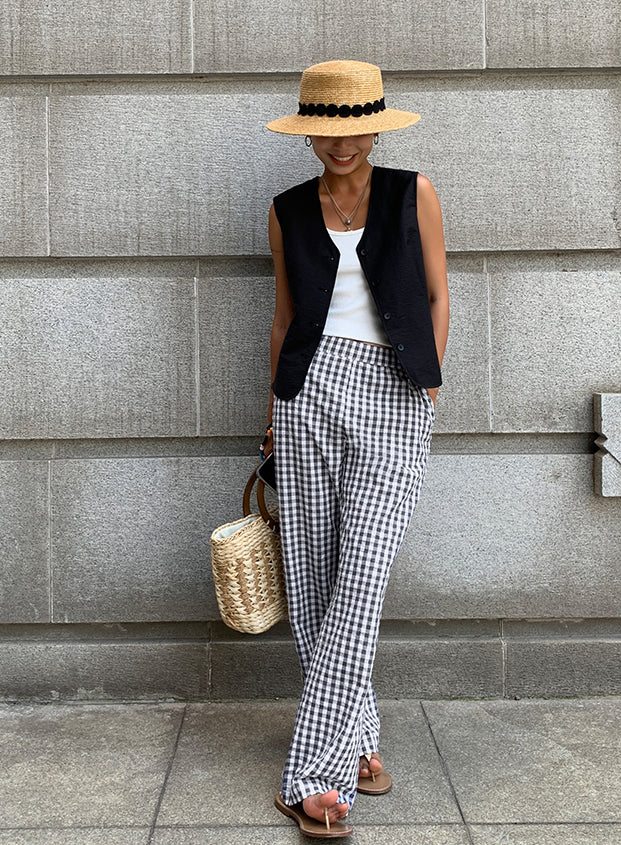 Women's Wide-Leg Trousers - High-Waisted Checkered Design - Relaxed Fit Breathable Fabric