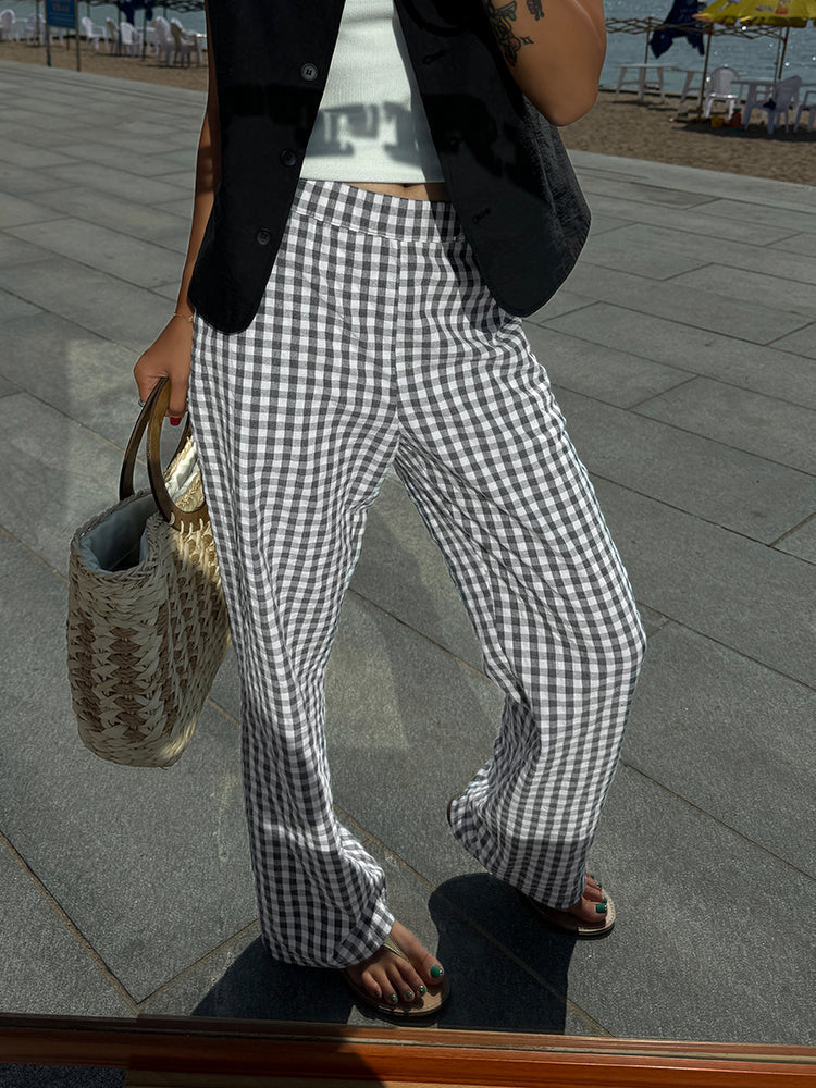 Women's Wide-Leg Trousers - High-Waisted Checkered Design - Relaxed Fit Breathable Fabric