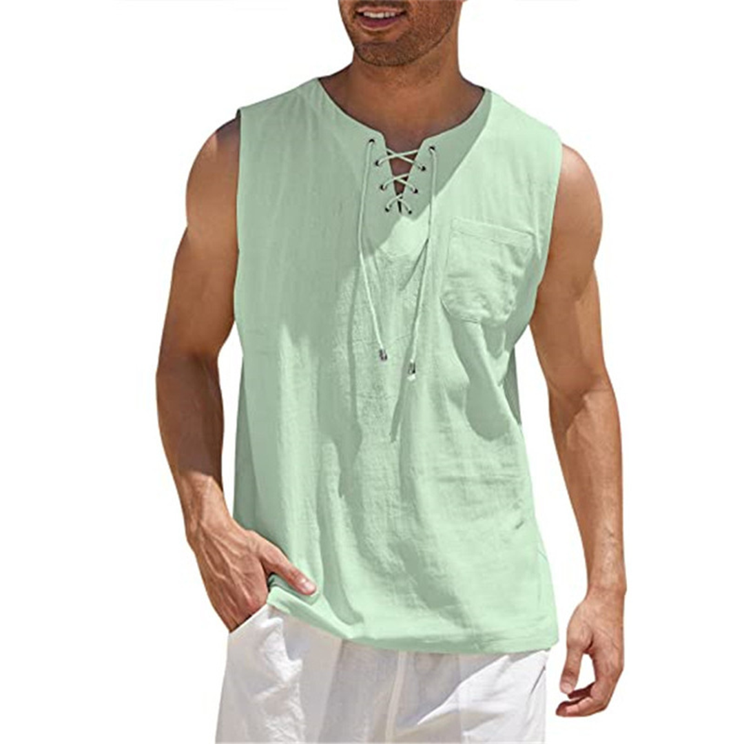 Men’s Sleeveless Shirt – Relaxed Fit – Breathable Blend – Lace-Up Front – Casual Wear