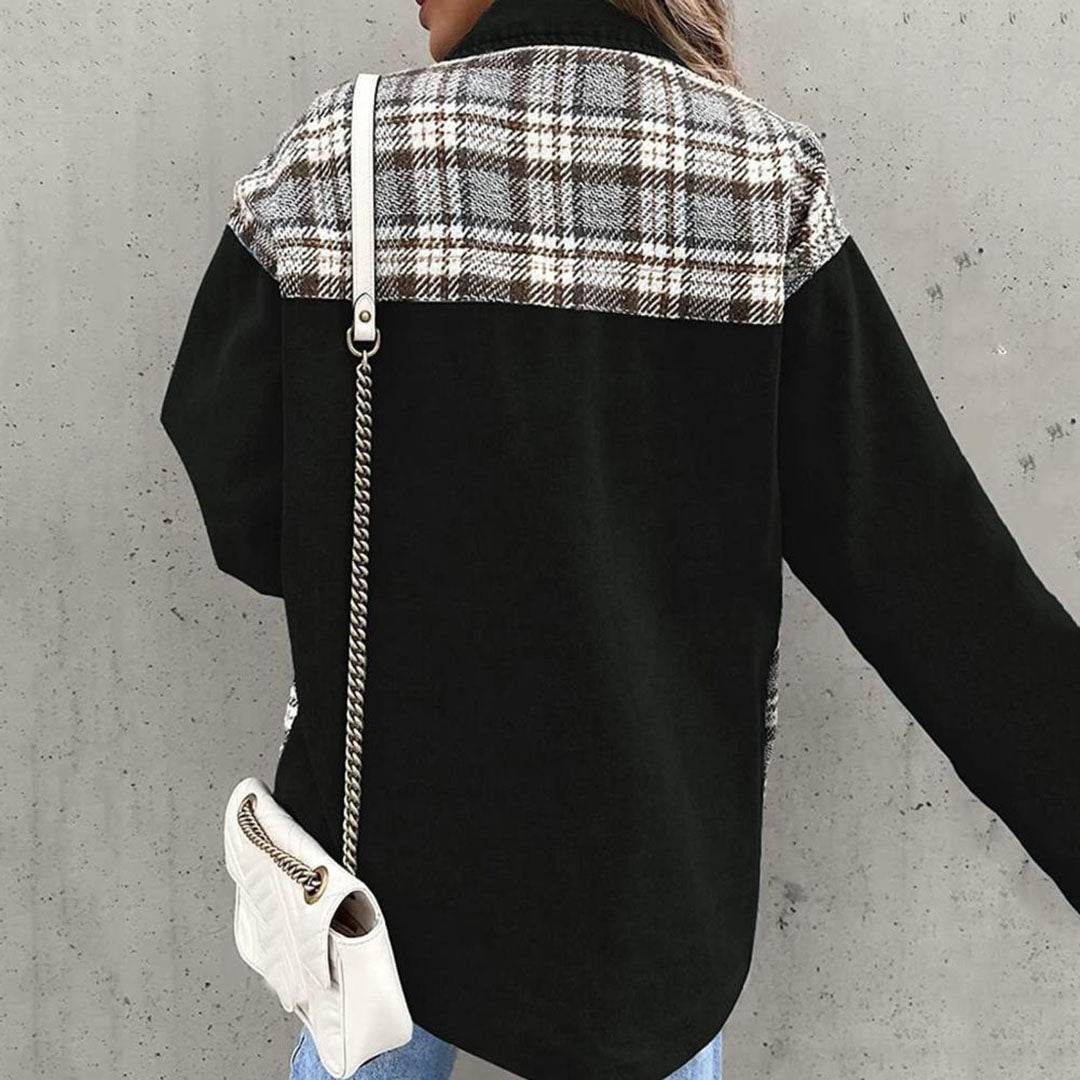 Women’s Casual Jacket – Relaxed Fit – Button Front – Patchwork Plaid Panels