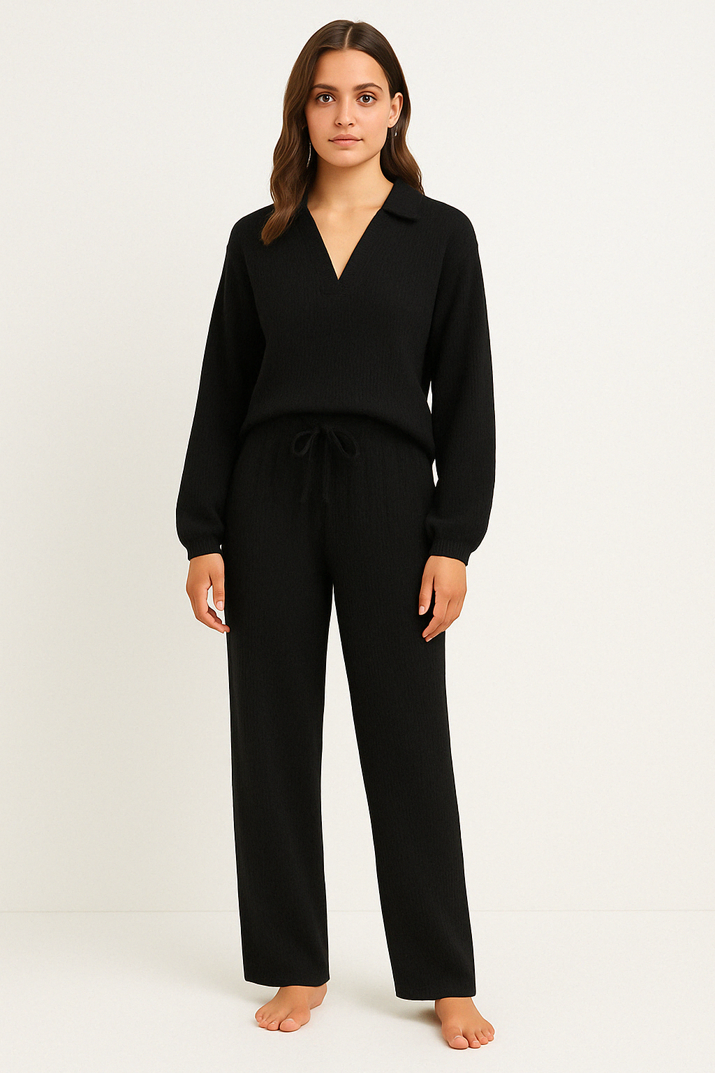 Women’s Lounge Set – Relaxed Fit – V-Neck Top with Collar – Drawstring Straight-Leg Pants