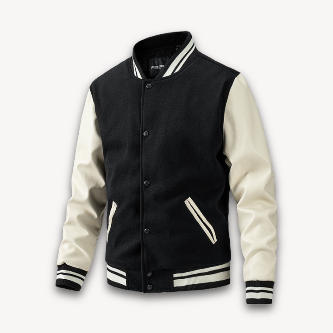 Men’s Varsity Jacket – Wool Blend Body – Faux Leather Sleeves – Classic Fit – Snap Front