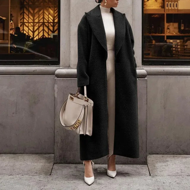 Women’s Oversized Coat – Wool Blend – Full Length – Relaxed Fit – Notched Lapel