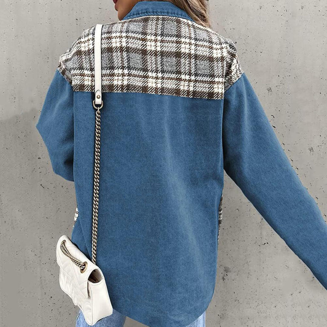 Women’s Casual Jacket – Relaxed Fit – Button Front – Patchwork Plaid Panels