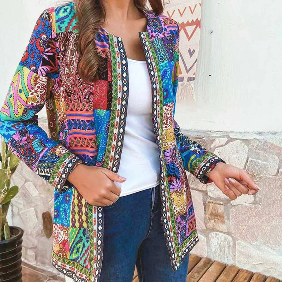 Women’s Cardigan – Soft Knit – Relaxed Fit – Open Front – Patchwork Design