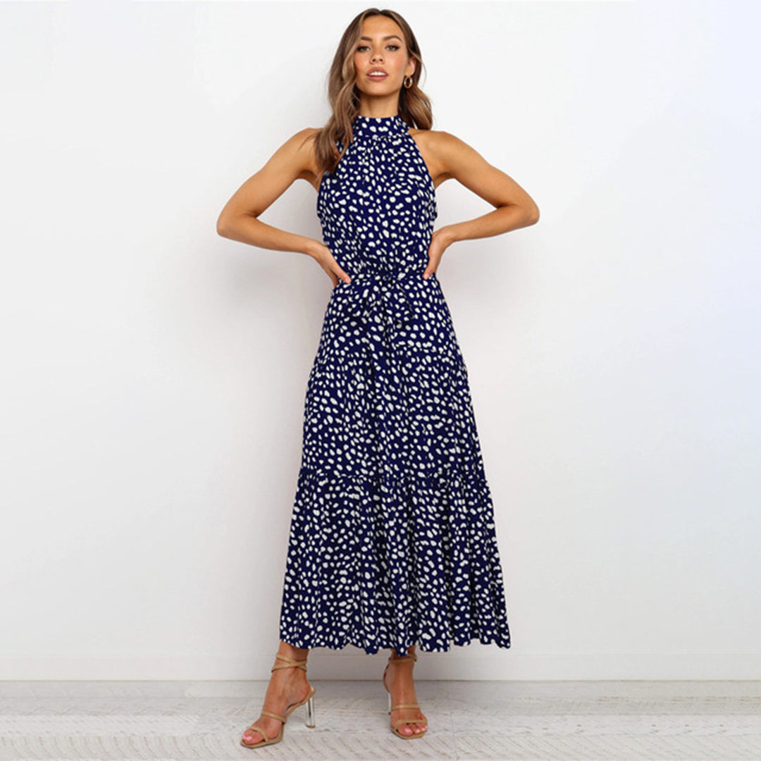 Women's Halter Neck Dress - Polka Dot - Sleeveless Tiered Flowy Skirt - Elegant Fit