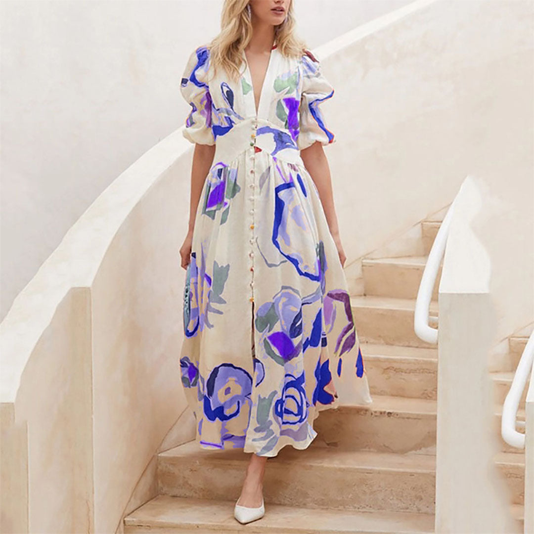 Women's Maxi Dress - Flowing Fit - Deep V-Neck - Puff Sleeves - Button Front