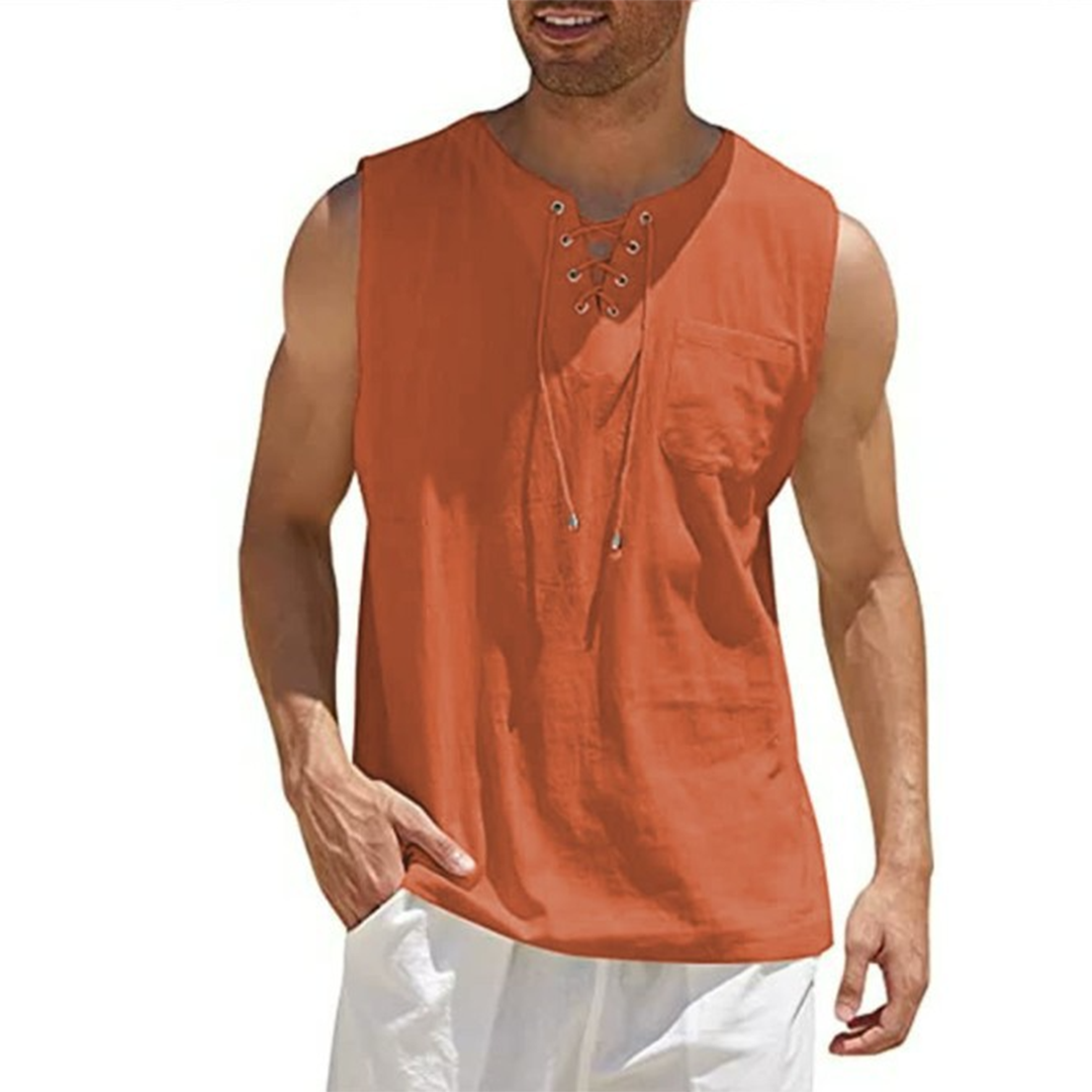 Men’s Sleeveless Shirt – Relaxed Fit – Breathable Blend – Lace-Up Front – Casual Wear