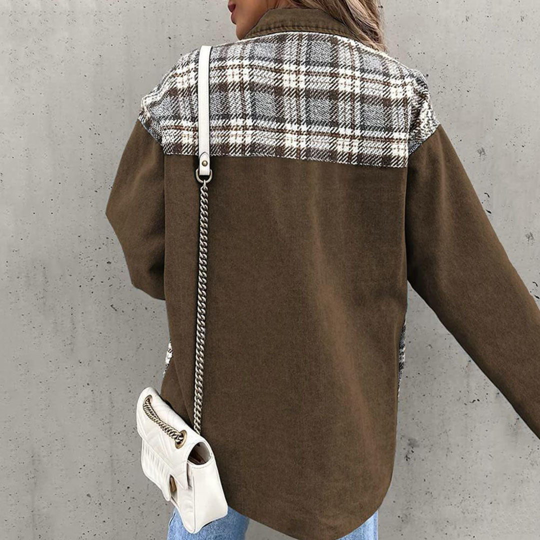 Women’s Casual Jacket – Relaxed Fit – Button Front – Patchwork Plaid Panels