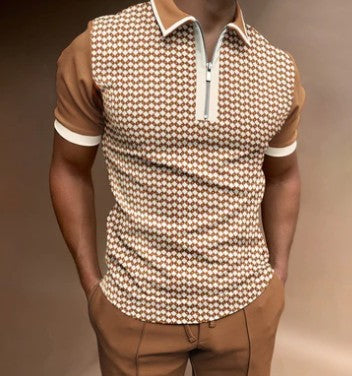 Men’s Polo Shirt - Muscle Fit - Zip-Up Placket - Retro Stripe Pattern - Short Sleeve