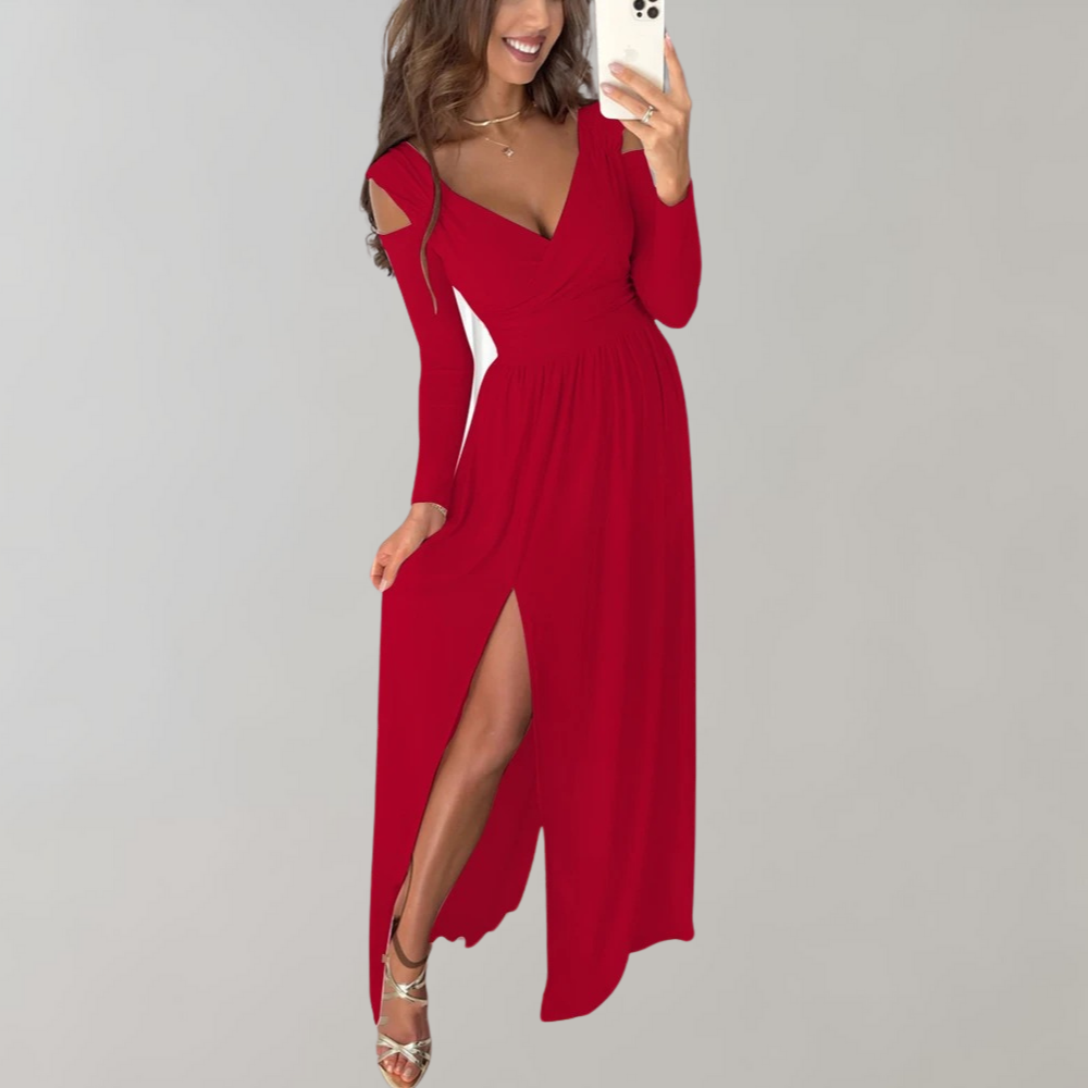 Women's Maxi Dress - Deep V-Neck - Long Sleeve Cut-Out Detail - Fitted Waist - Slit Skirt