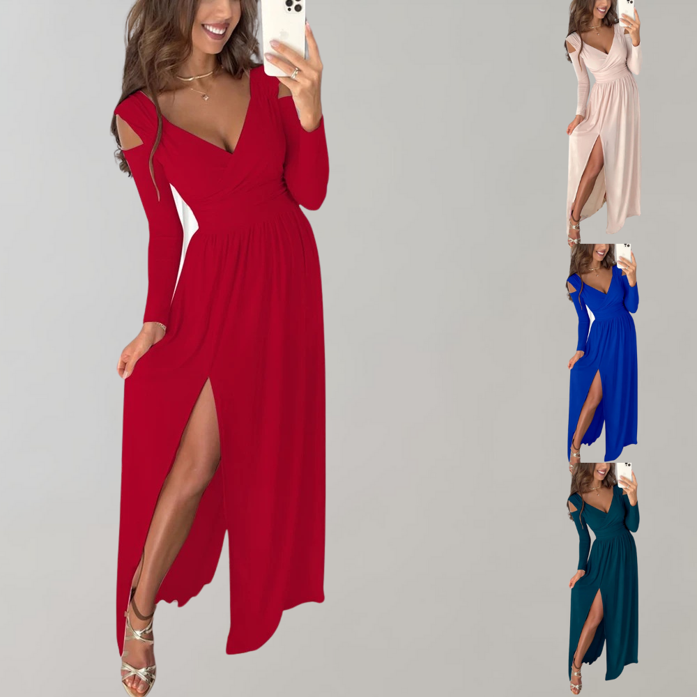Women's Maxi Dress - Deep V-Neck - Long Sleeve Cut-Out Detail - Fitted Waist - Slit Skirt