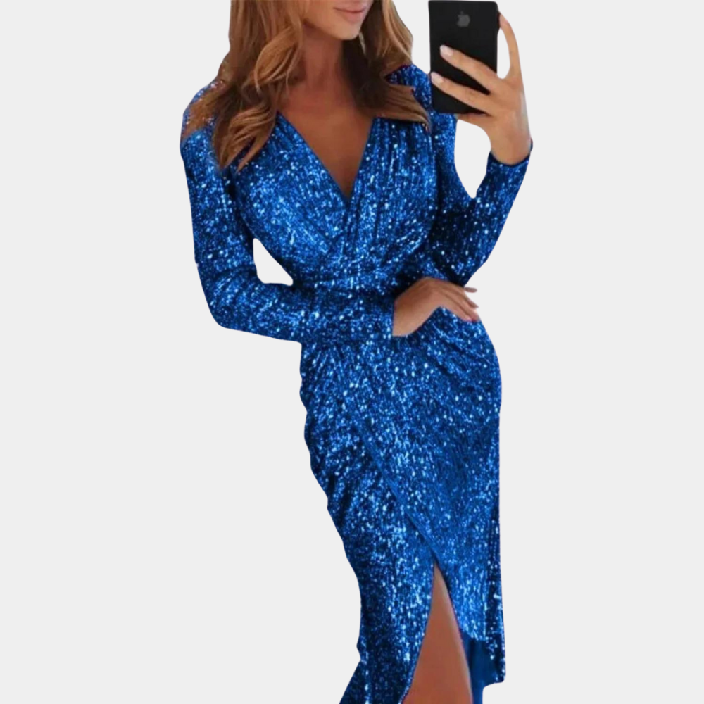 Women’s Sequin Wrap Dress – Long Sleeve – V-Neck – Fitted Silhouette – Side Slit