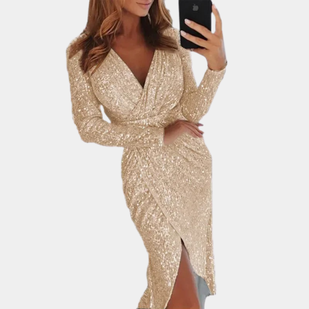 Women’s Sequin Wrap Dress – Long Sleeve – V-Neck – Fitted Silhouette – Side Slit