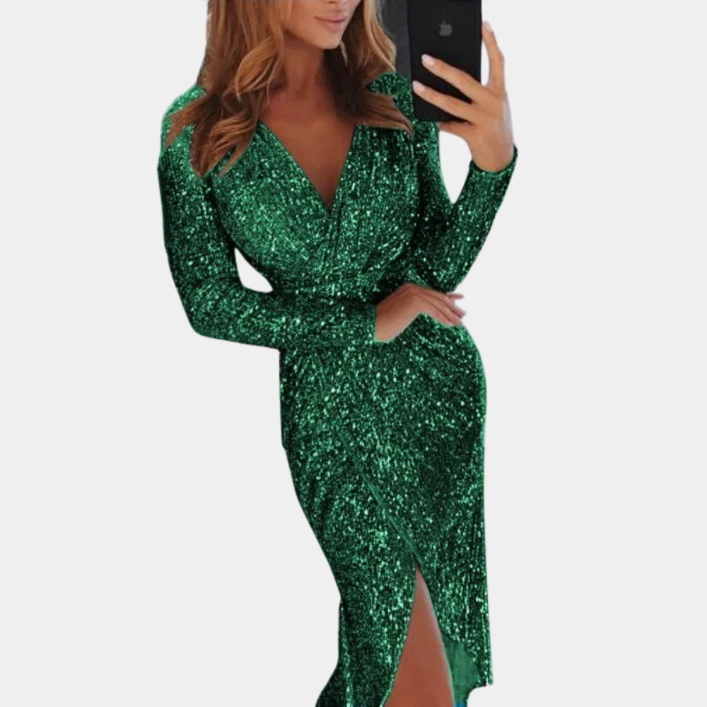 Women’s Sequin Wrap Dress – Long Sleeve – V-Neck – Fitted Silhouette – Side Slit