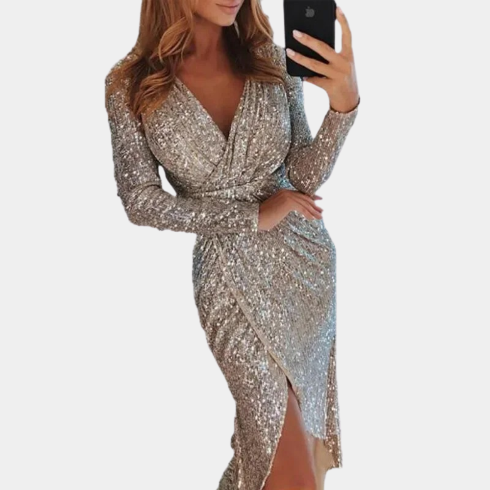 Women’s Sequin Wrap Dress – Long Sleeve – V-Neck – Fitted Silhouette – Side Slit