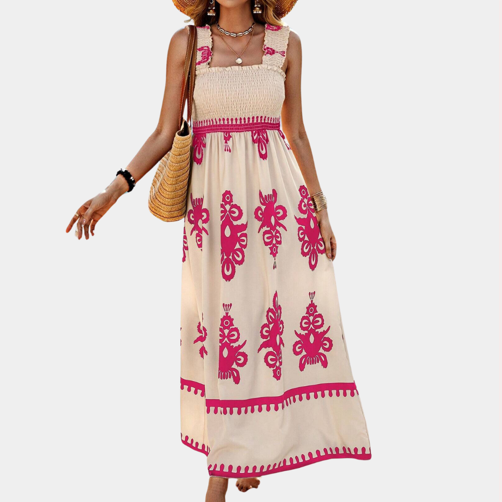 Women's Maxi Dress - Smocked Bodice - A-Line Flowing Fit - Square Neck Wide Straps