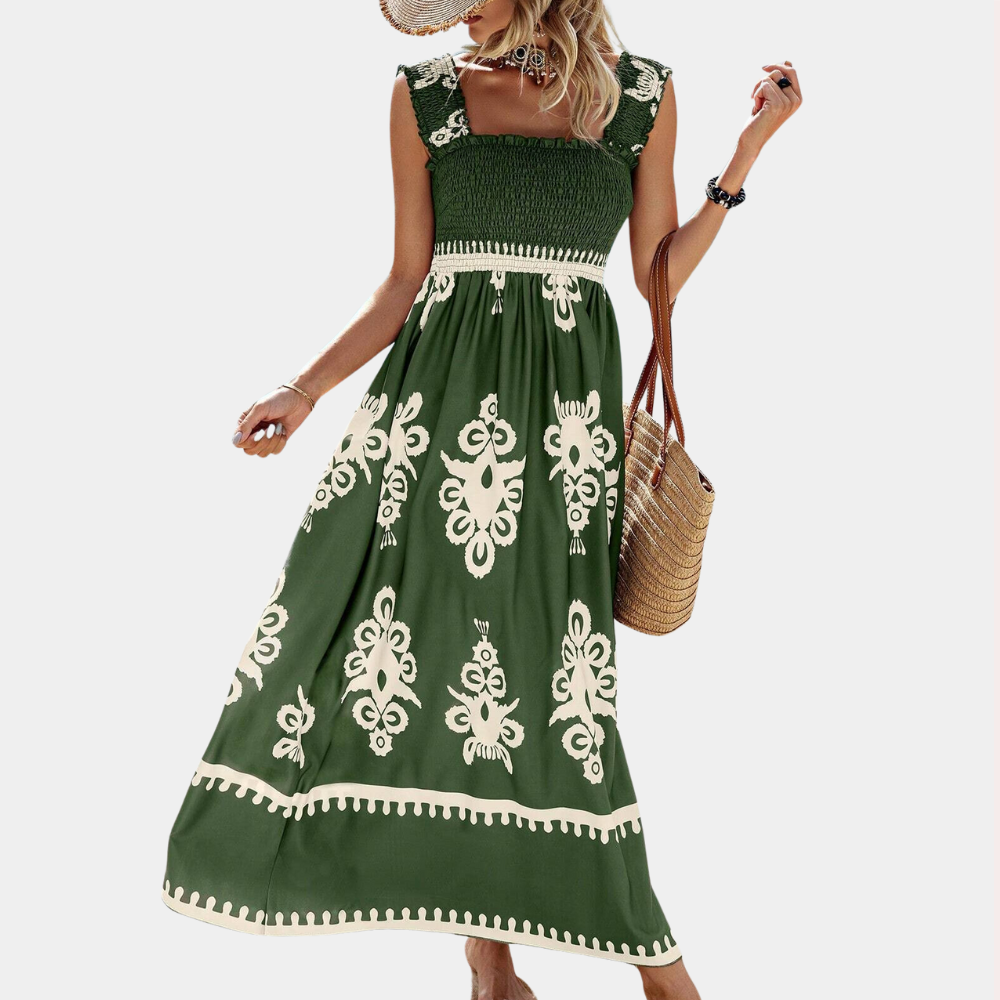 Women's Maxi Dress - Smocked Bodice - A-Line Flowing Fit - Square Neck Wide Straps