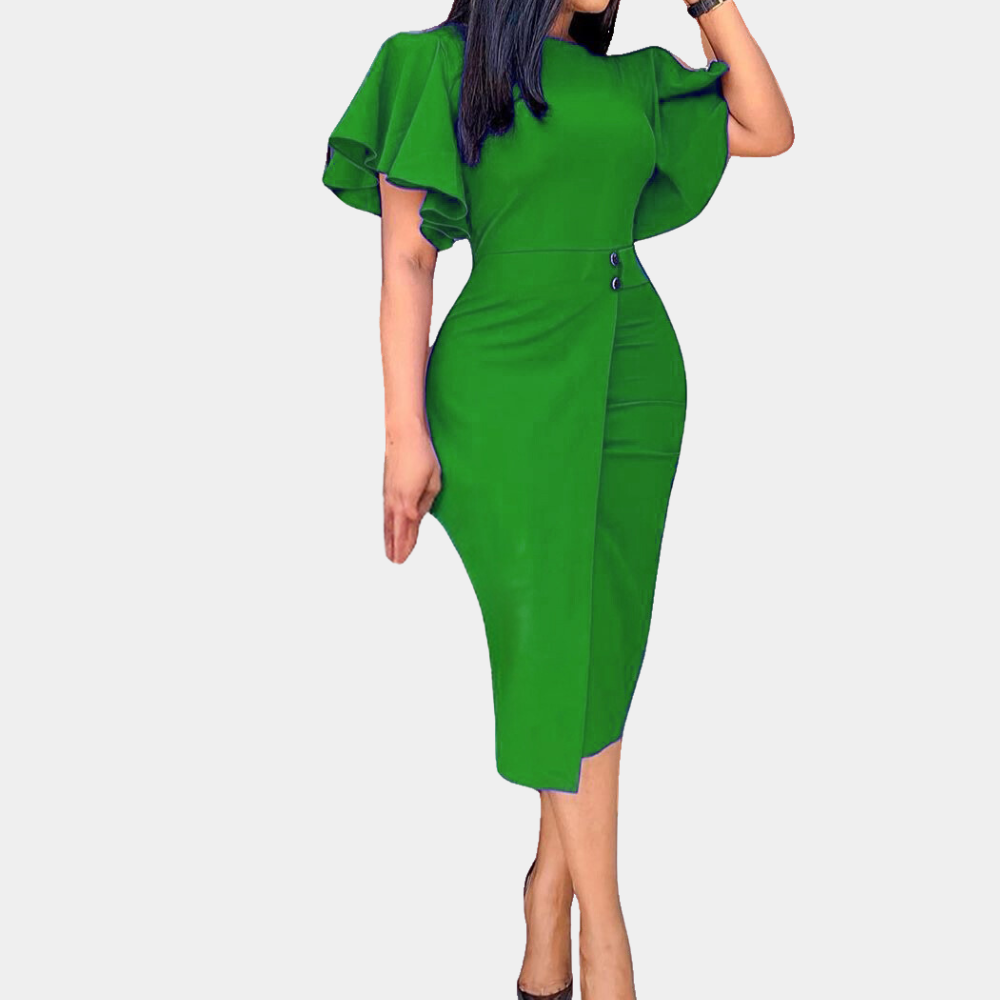 Women's Midi Dress - Fitted Silhouette - Ruffled Short Sleeves - Elegant Wrap Design