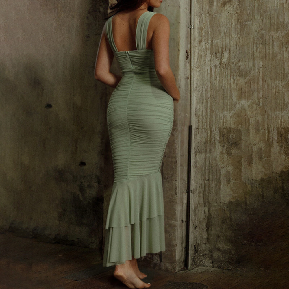 Women’s Maxi Dress - Ruched Bodycon Fit - Sleeveless - Cut-Out Neckline - Mermaid Hem