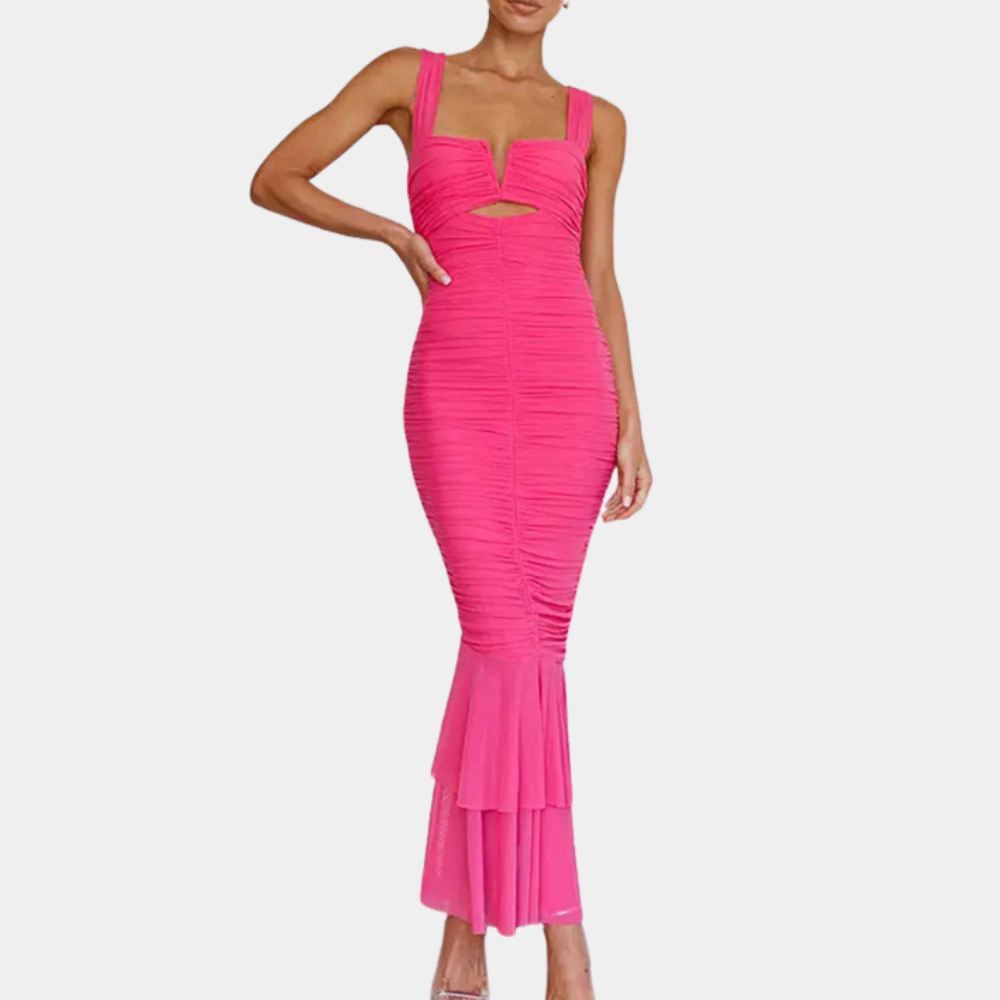 Women’s Maxi Dress - Ruched Bodycon Fit - Sleeveless - Cut-Out Neckline - Mermaid Hem