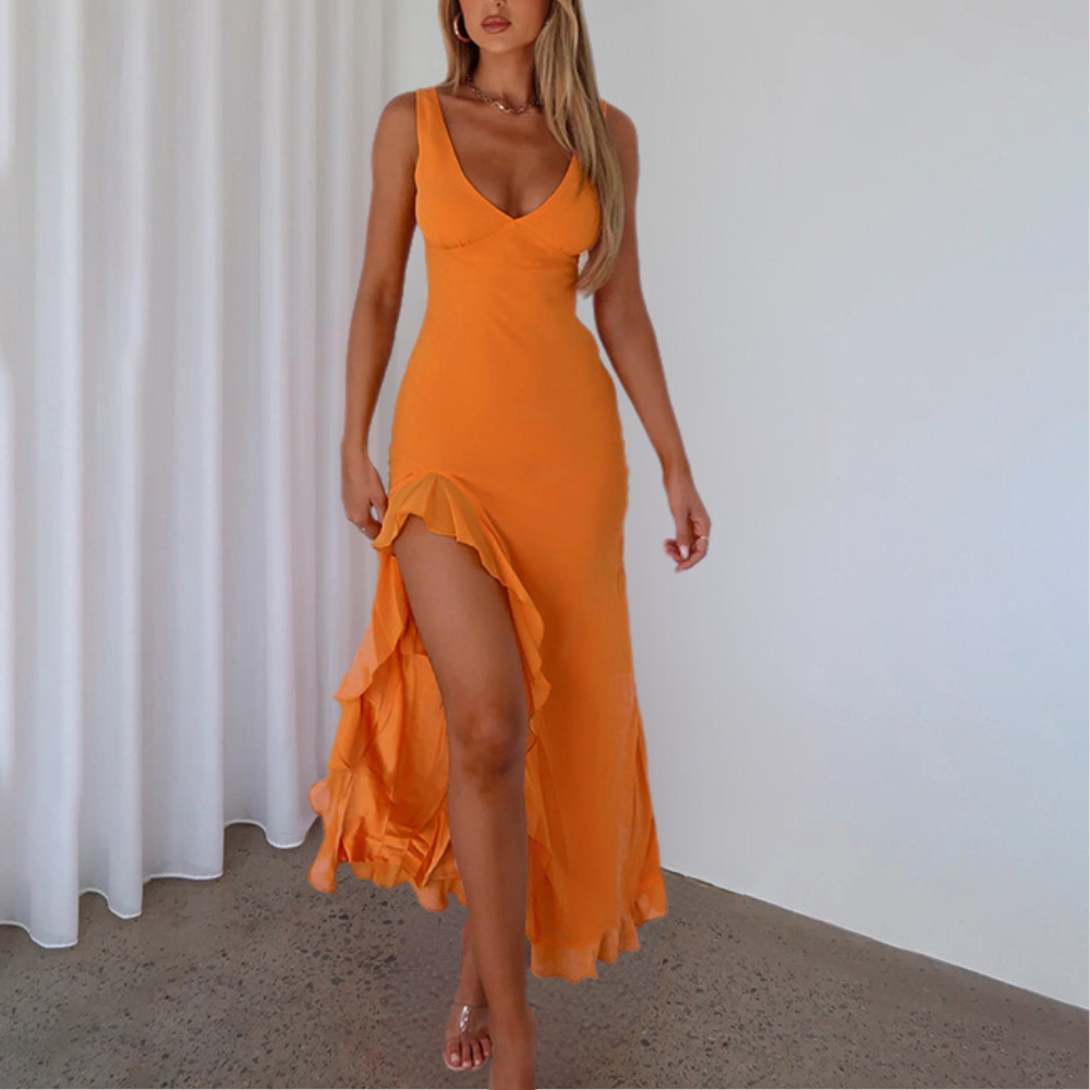 Women’s Evening Dress – Slim Fit – V-Neck Sleeveless – High Slit – Luxury Fabric