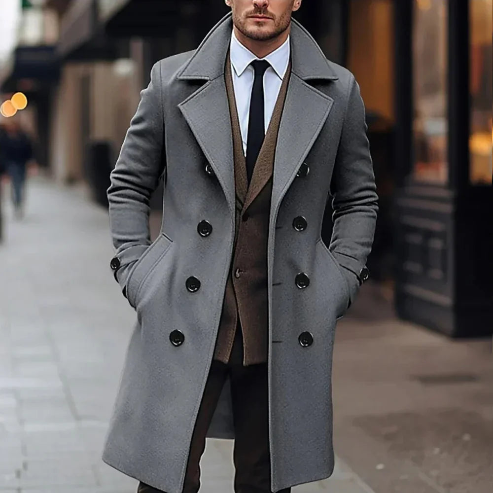 Men’s Overcoat – Tailored Fit – Wool Blend – Double-Breasted – Formal Knee Length