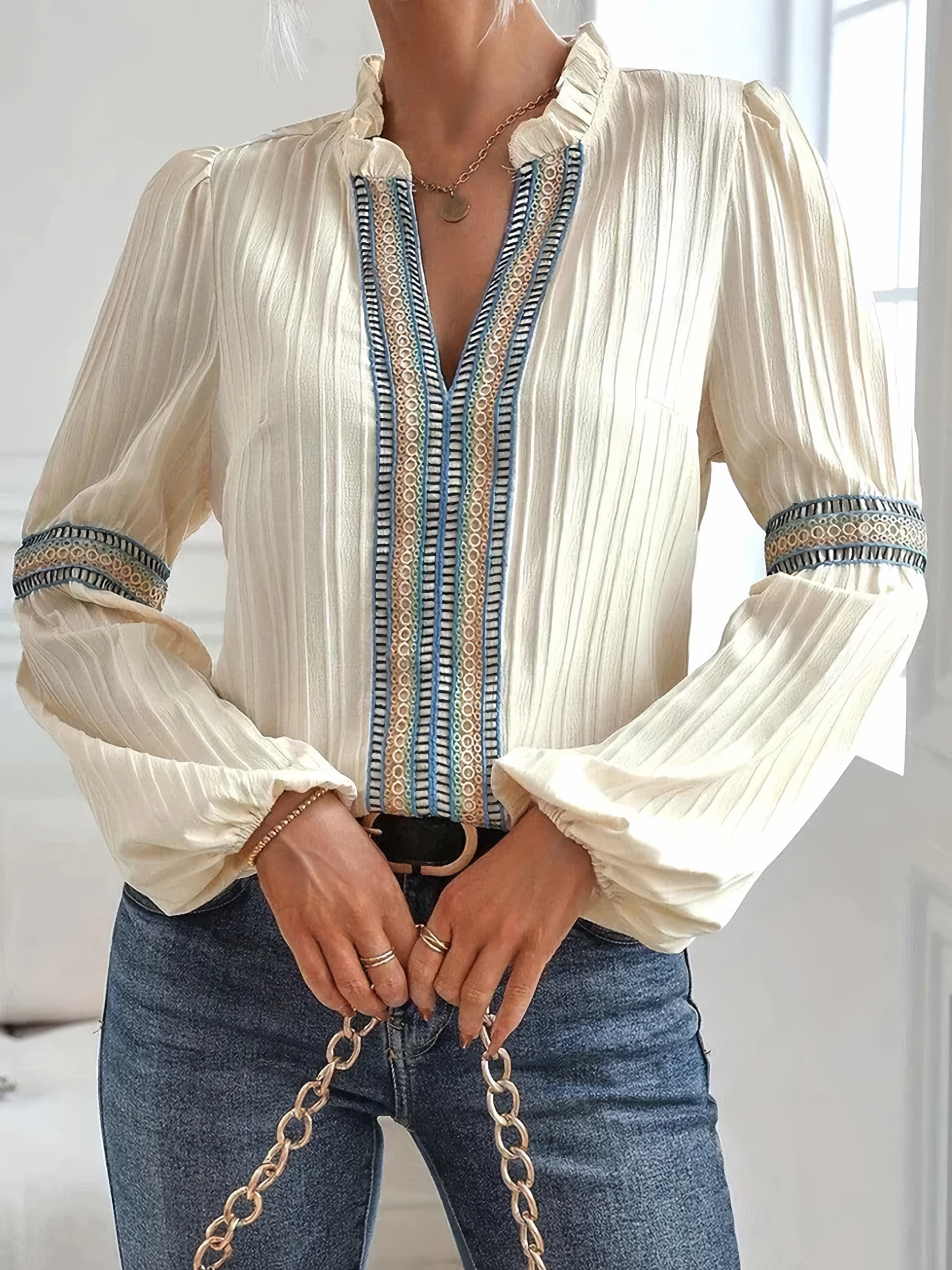 Women’s Blouse – Relaxed Fit – Lace Trim – Ruffled Collar – Pleated Long Sleeve