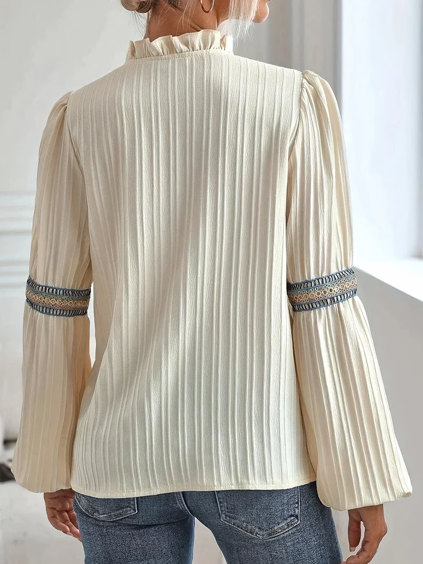 Women’s Blouse – Relaxed Fit – Lace Trim – Ruffled Collar – Pleated Long Sleeve