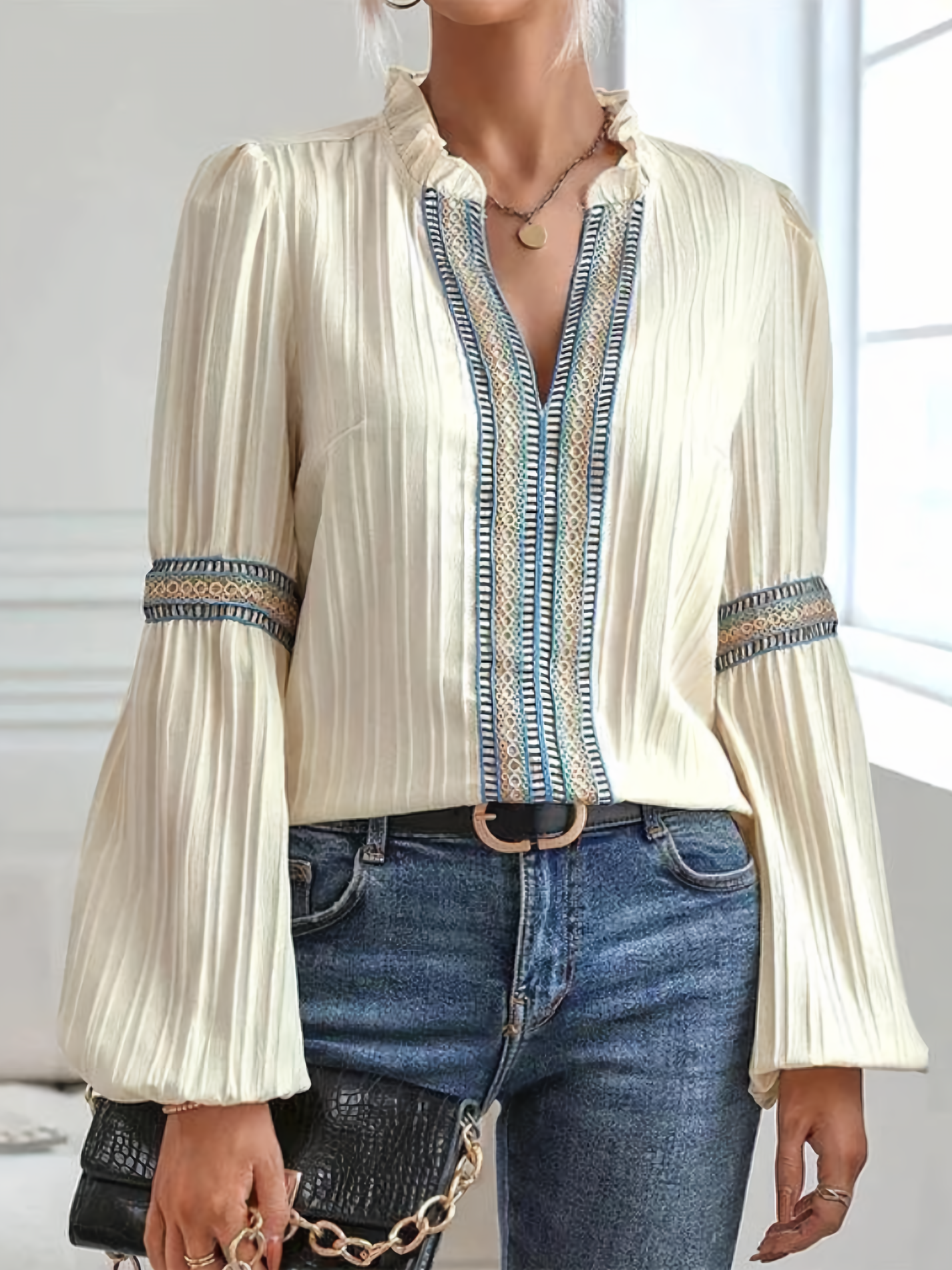 Women’s Blouse – Relaxed Fit – Lace Trim – Ruffled Collar – Pleated Long Sleeve